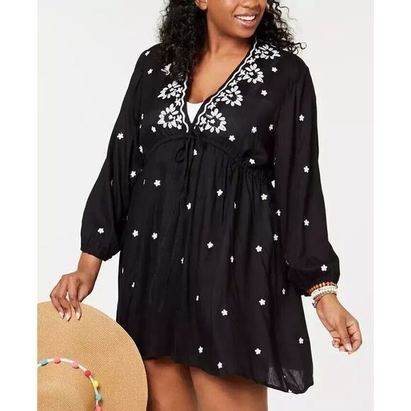 RAVIYA Women's Plus Size Embroidered Long-Sleeve Cover-Up Dress, BLACK, 1X NWT - Picture 2 of 5